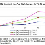 Figure 3- The mean content of Cr(III) ( mg/kg DW) in Nymphaeaceae treatment groups in contaminated 100 ppm (Cr(III), T1) ,300 ppm (Cr(III), T2) and 600 ppm (Cr(III)), T3) chromium in the form of CrCl3.