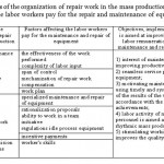 Table 1. Features of the organization of repair work in the mass production and the factors influencing the labor workers pay for the repair and maintenance of equipment [1].