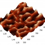 Fig.4. Three-dimensional AFM images adsorbed on pyrographite molecules of RNAse A (b). The contact time of the enzyme with 2 minutes of the pyrographite, the concentration was 5 µg/ml, pH 7.2. The scan size 0.3 × 0.3 μm.