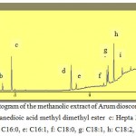 Figure 4: Chromatogram of the methanolic extract of Arum dioscoridis , a: Levulinic acid ME b: Butanedioic acid methyl dimethyl ester c: Hepta 2,4-dienoic acid ME d: C16:0, e: C16:1, f: C18:0, g: C18:1, h: C18:2, i: C18:3, 