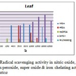Figure 2: Radical scavenging activity in nitric oxide, hydroxyl, hydrogen peroxide, super oxide & iron chelating activity of G.asiatica.