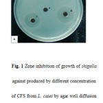 Figure 1: Zone inhibition of growth of shigella against produced by different concentration of CFS from L. casei by agar well diffusion method. a: MRS(100 μl/ml), b: CFS(10 μl/ml),c:CFS(50 μl/ml), d: CFS(100 μl/ml).