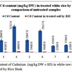 Figure 3: The mean content of Cadmium (mg/kg DW ± SD) in white raw rice samples untreated in comparison of treated by Rice Husk