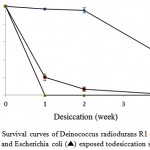 Figure 3: Survival curves of Deinococcus radiodurans R1 (♦), strain A10 (■) and Escherichia coli (▲) exposed todesiccation stress.