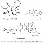 Figure 13: Chemical structure of Salinosporamide A (a); Lodopyridone (b); Arenimycin (C)