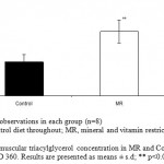 Figure 4: Intramuscular triacylglycerol concentration in MR and Control offspring mice on PD 360. Results are presented as means ± s.d; ** p<0.01 vs. control. 