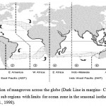 Figure 1: Distribution of mangroves across the globe (Dark Line in margins- Coastal areas) show global regions and sub regions with limits for ocean zone in the seasonal isotherm i.e. 20°C (source: Duke et al., 1998).