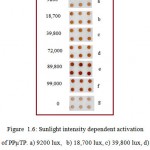 Figure 1.6: Sunlight intensity dependent activation of PPµTP. a) 9200 lux, b) 18,700 lux, c) 39,800 lux, d) 72,000 lux, e) 89,800 lux, f) 99,000 lux and g) 0 lux (under dark).