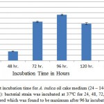 Figure 2: Effect of different incubation time for A. indica oil cake medium (24 – 144 hours) on lipase activity by P. aeruginosa JCM5962(T ): bacterial strain was incubated at 37ºC for 24, 48, 72, 96, 120 and 144 hours and lipolytic activity was measured which was found to be maximum after 96 hr incubation (17.24 U/gds).