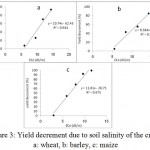 Figure 3: Yield decrement due to soil salinity of the crops, a: wheat, b: barley, c: maize
