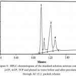 Figure 8: HPLC chromatogram of the standard solution mixture containing 2-CP, 4-CP, TCP and phenol in water before and after percolation through AC (C5) packed column