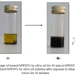 Figure 2: Image of treated MWNTs by olive oil for 30 min a) MWNTs and b) functionalized MWNTs by olive oil solution after exposure to ultrasound waves for 30 minutes