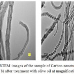 Figure 7: HRTEM images of the sample of Carbon nanotube a) before treatment b) after treatment with olive oil at magnification 200nm