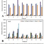 Figure 7: Effects of initial pH on production of amylase by ArthrobacteralpinusN16 (A) and Rhodotorulasp. Y-37 (B).