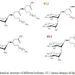 Figure 2: Chemical structure of different isoforms. RL1 (mono-rhamno-di-lipidic), RL2 (di-rhamno-di-lipidic), RL3 (mono-rhamno-mono-lipidic), RL4 (di-rhamno-mono-lipidic) [78,79].