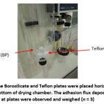 Figure 2: The Borosilicate and Teflon plates were placed horizontally in the bottom of drying chamber. The adhesion flux deposited at plates were observed and weighed (n = 3)